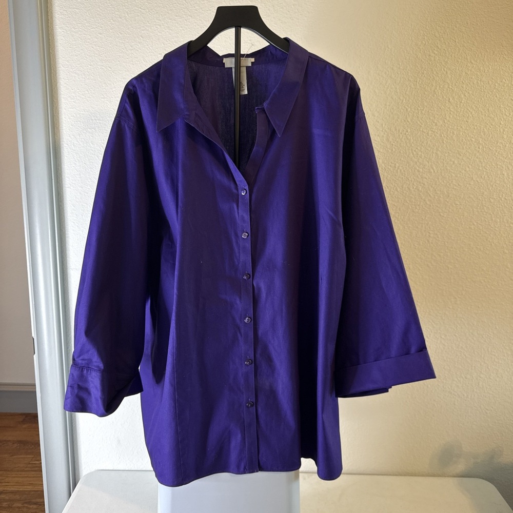 Catherines Purple Button Down Shirt No Iron Cotton 3/4 Sleeve Plus Size 5XL